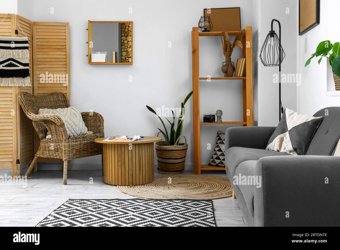 Modern interior of living room with grey sofa and wooden furniture ...