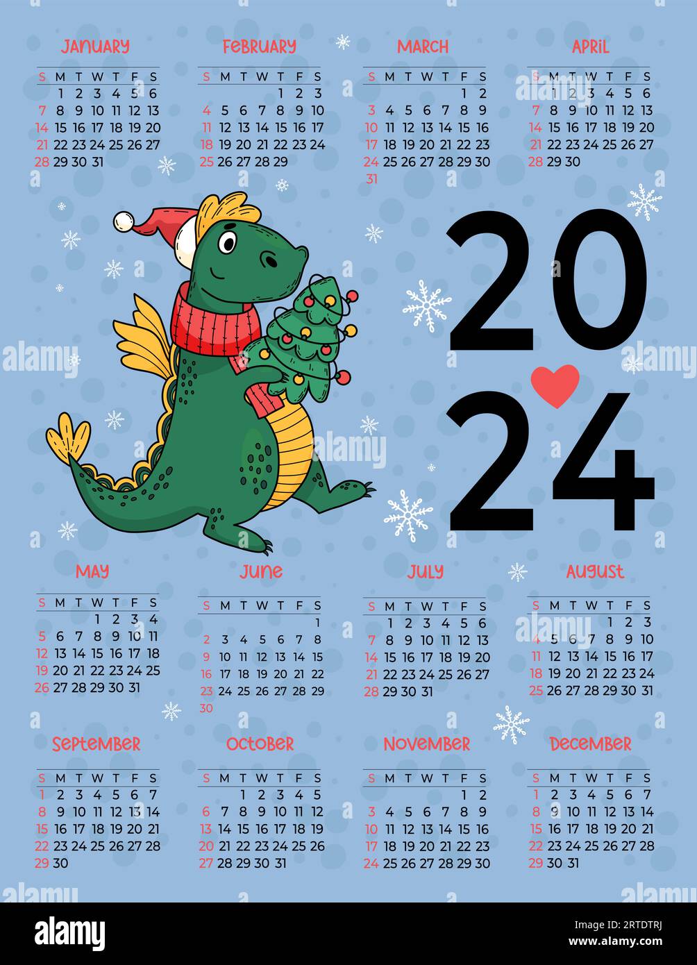 2024 annual calendar Cute dragon with Christmas tree on blue background