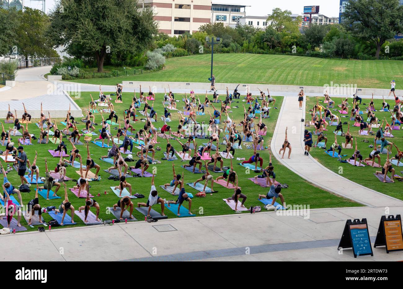 Outdoor Yoga Class at Waterloo Greenway Park in Austin, Texas Stock