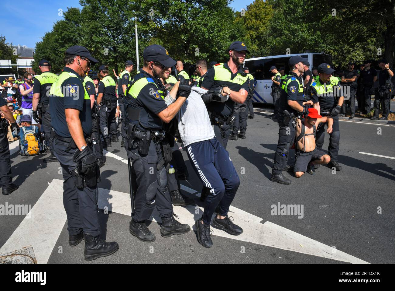 The Hague,The Netherlands, 10th september,2023. Extinction rebellion activists protested by blocking the A12 motorway again. A Watercannon was used and police removed and arrested hundreds of people.The protesters want to return every day to block the road Stock Photo