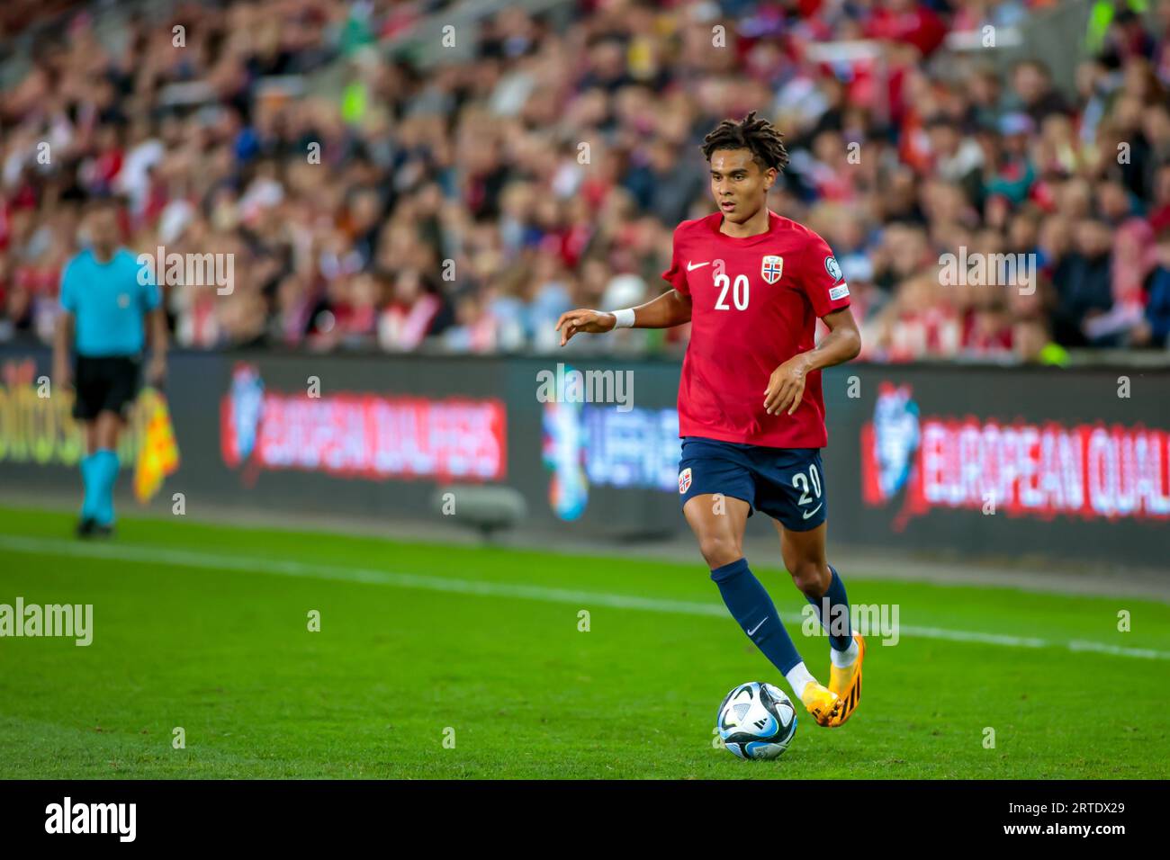 Oslo, Norway, 12th September 2023. Norway's Antonio Nusa on the ball in the Euro 2024 Qualification match between Norway and Georgia at Ullevål Stadium in Oslo.  Credit: Frode Arnesen/Alamy Live News Stock Photo