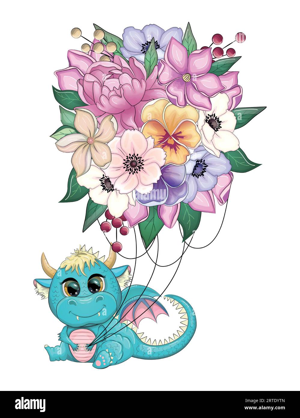 Green dragon and flying bouquet, new year card 2024 with dragon and flowers. Anemones, peonies, pansies, magnolia Stock Vector