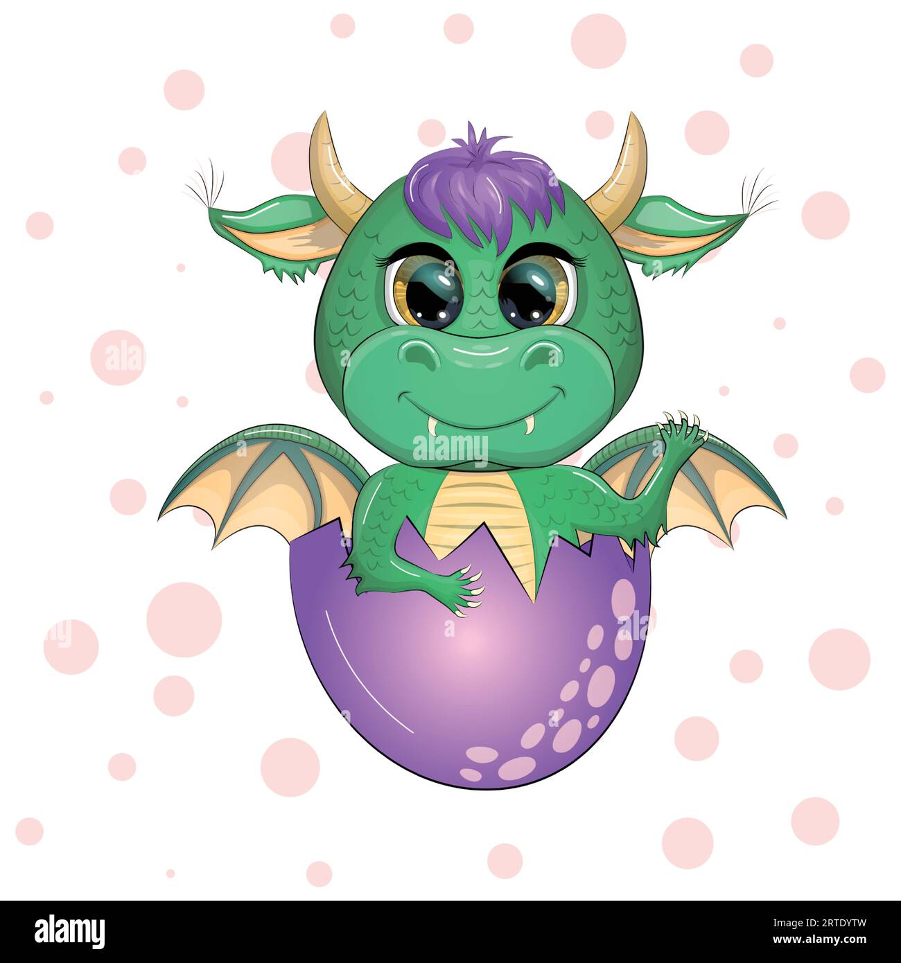 Cute cartoon green baby dragon with horns and wings. Symbol of 2024 according to the Chinese calendar. Funny mythical monster reptile. Stock Vector