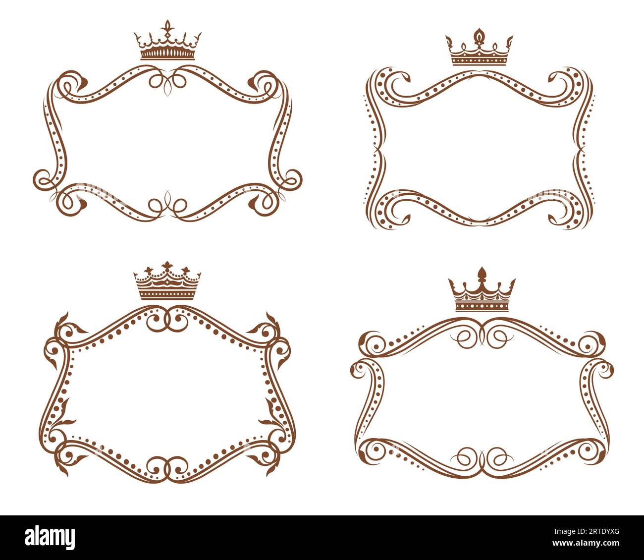 Royal heraldic frames and borders with crowns and floral elements, vector heraldry. Vintage vignettes of brown victorian flourishes, leaf scrolls and vine swirls, topped by crowns with fleur-de-lis Stock Vector