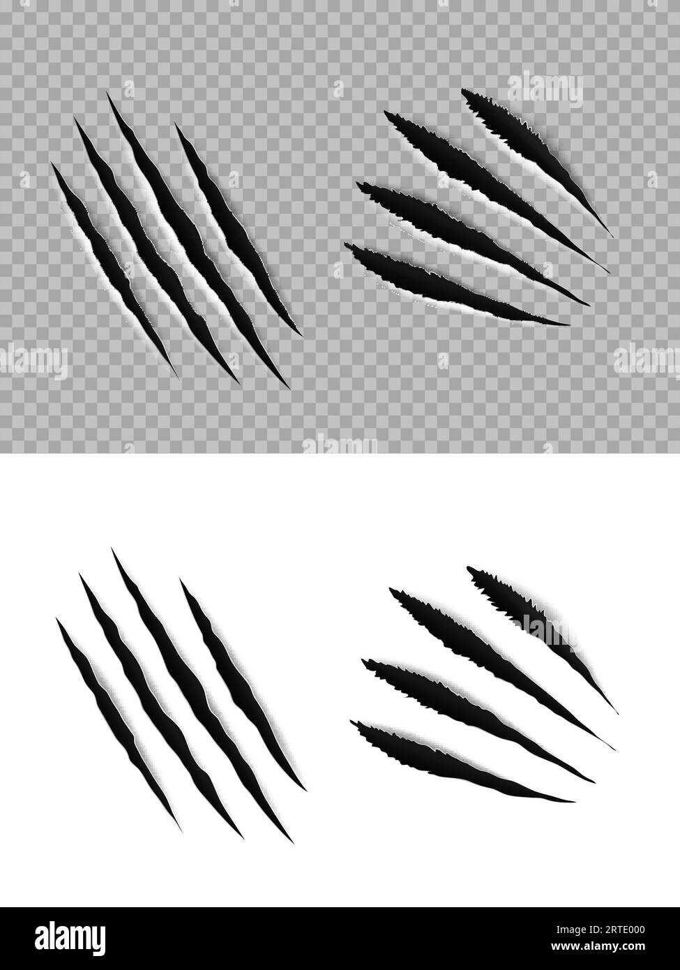 Claw marks and scratches of vector animal paws, tiger, wild cat, bear or lion slashes and torn traces. Monster, dragon beast or dinosaur attack trails, sharp talon scratches on transparent background Stock Vector