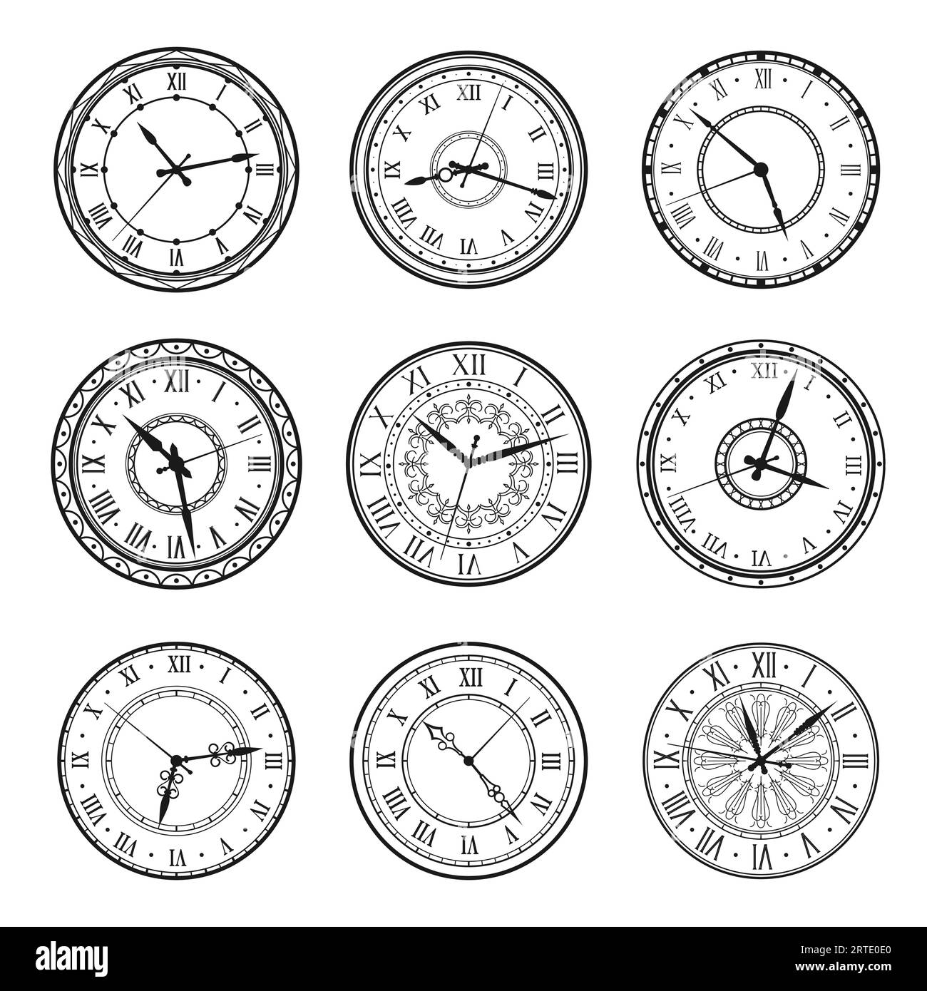 Vintage clock faces, vector retro watch dials signs. Ornate watchface