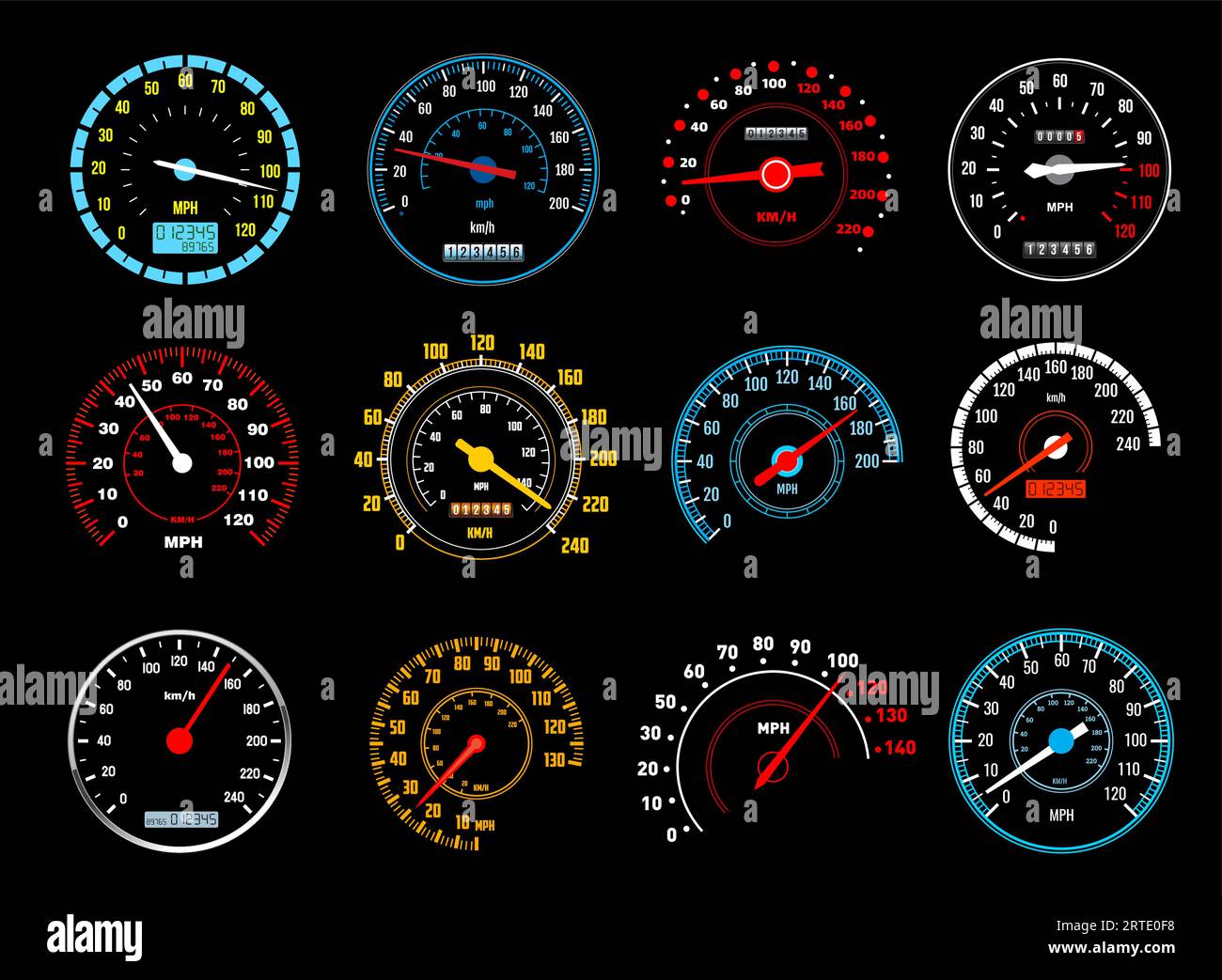 Car speedometer vector icons of dashboard speed meters. Gauges of auto