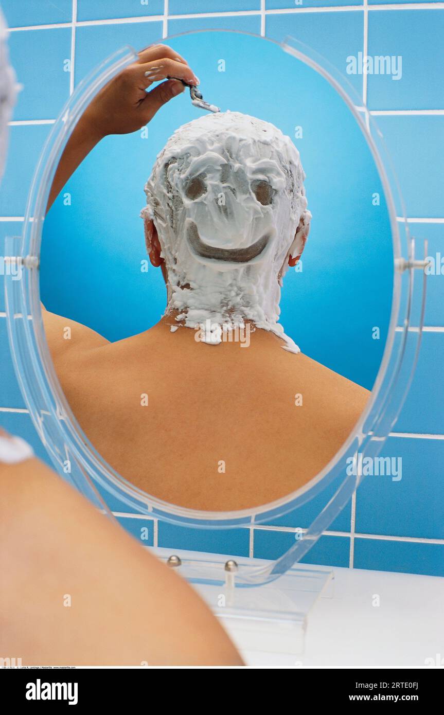 Shaving Cream Happy Face on Bald Head Stock Photo Alamy