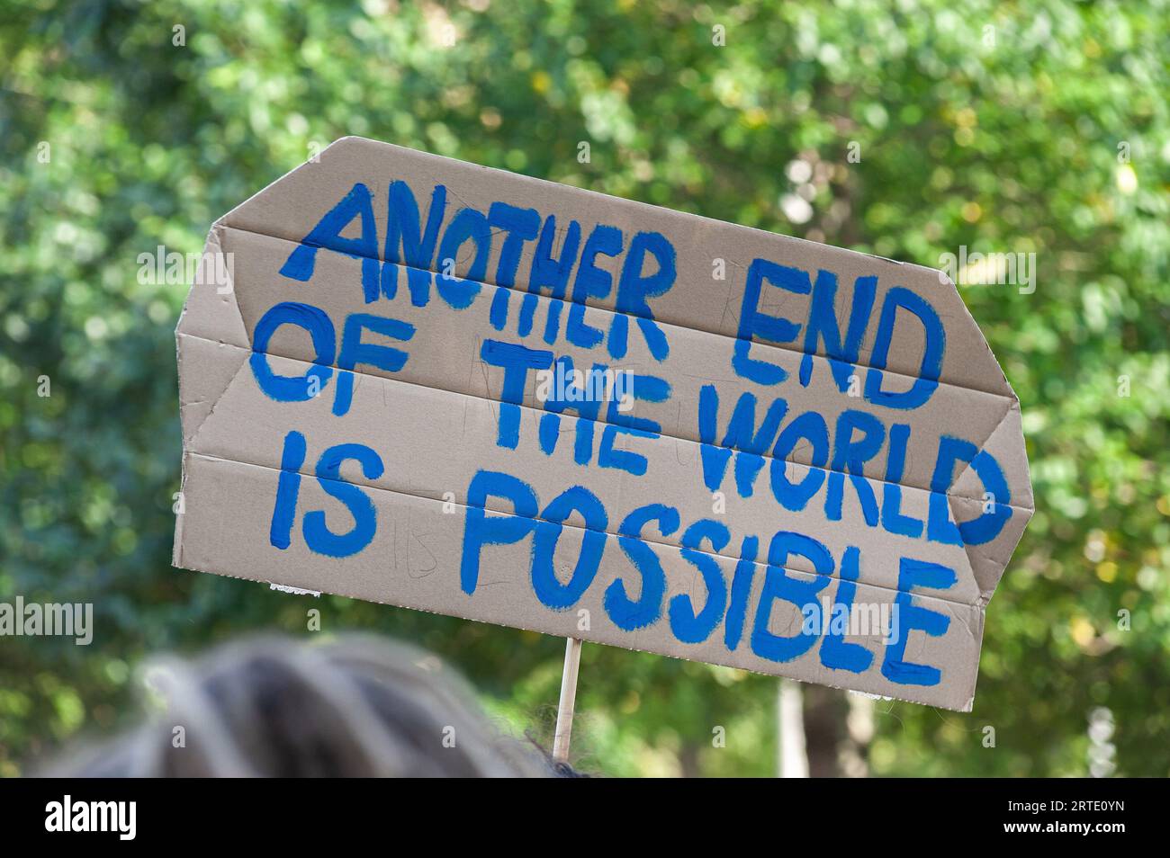 A climate activist holds a placard expressing opinion during the non-violent, sit-down demonstration on the Utrechtsebaan. Extinction Rebellion organised a blockade on the A12 motorway in The Hague this afternoon, despite a ban from the municipality. The so-called ‘frog jet’ of the German built water canon was used to disperse the protesters during their sit-down; this had very little effect as most were prepared for such an event.  According to organizer Extinction Rebellion, around 25,000 people attended the protest. Stock Photo