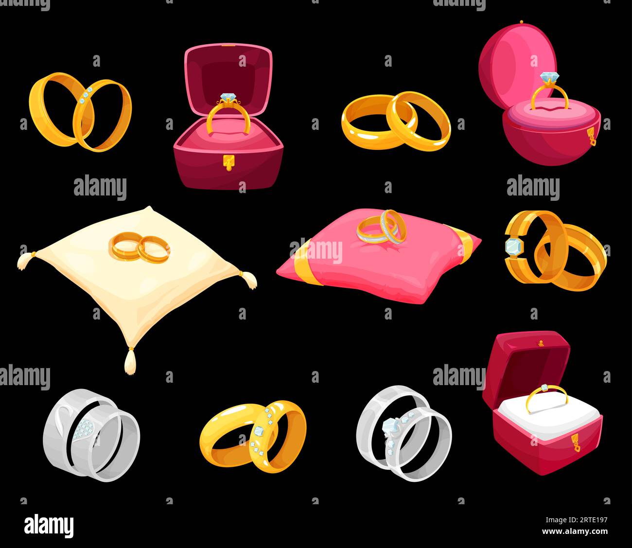 Golden rings in luxury boxes for wedding or engagement vector icons