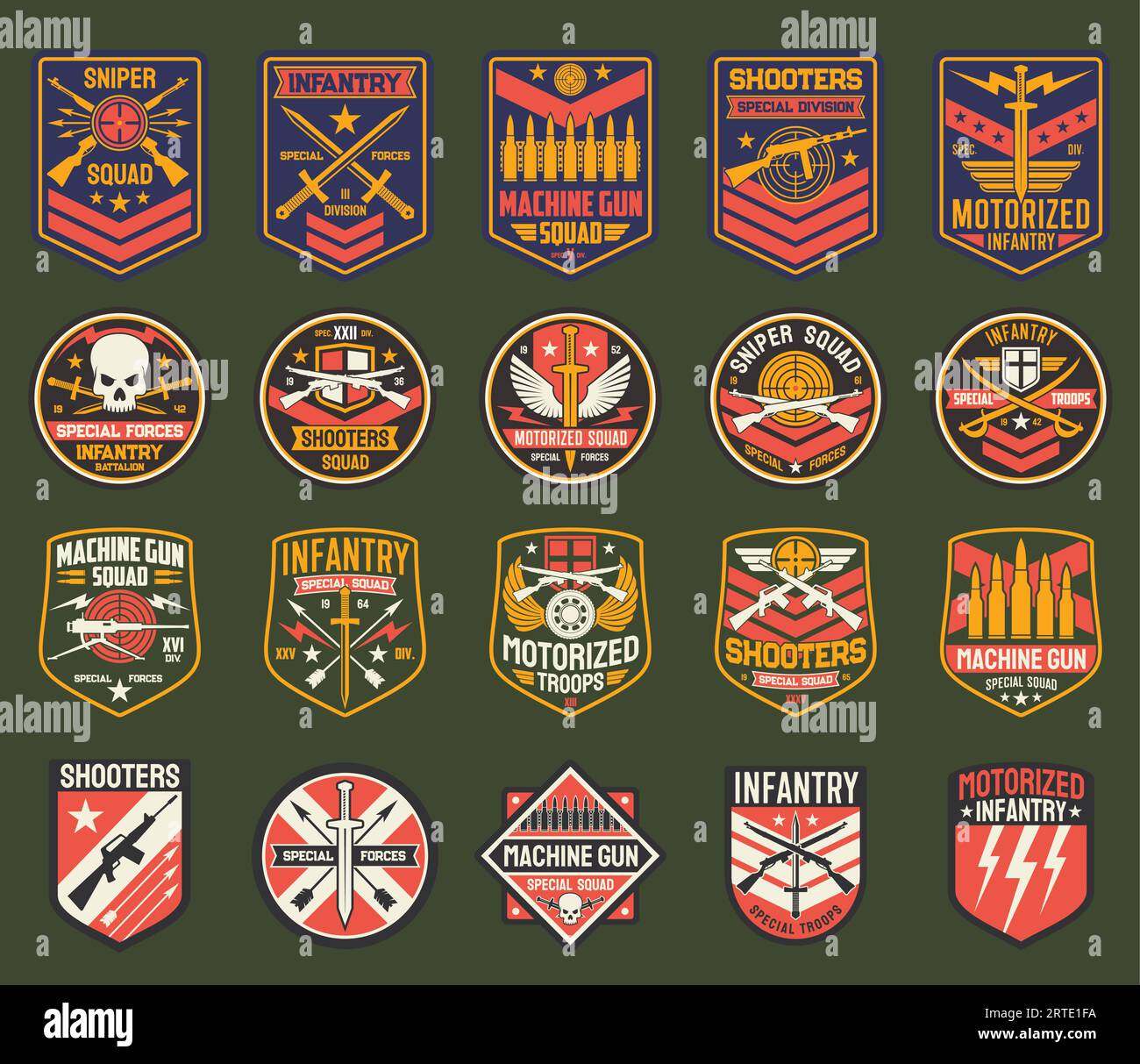 Military chevrons vector icons, army stripes for sniper squad, infantry special forces division. Machine gun, shooters, motorized battalion, isolated army insignia with weapon, skull or swords set Stock Vector
