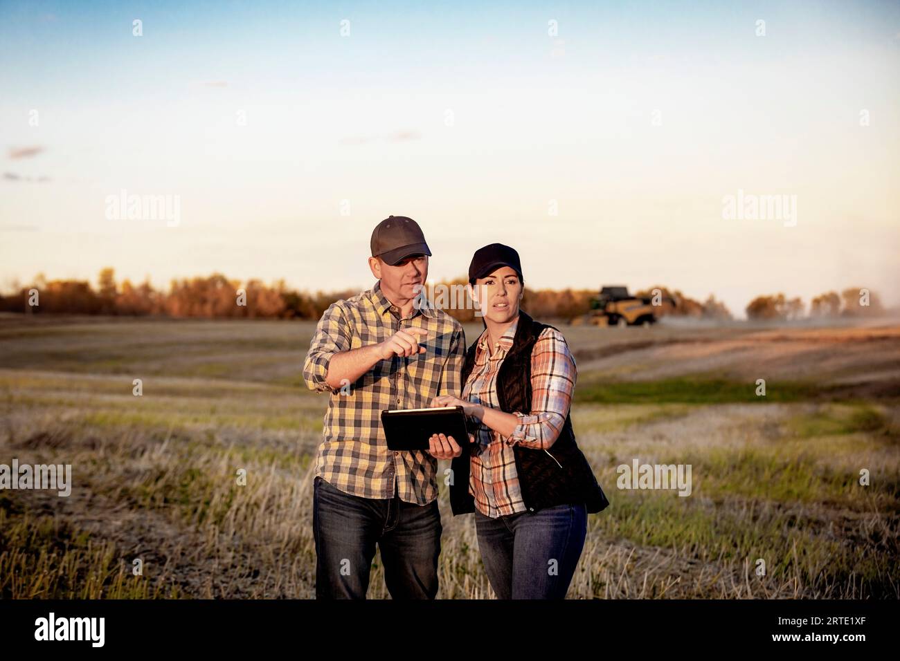 A husband and wife standing in the fields at twilight using a portable wireless device to manage and monitor the yield during their fall, canola ha... Stock Photo