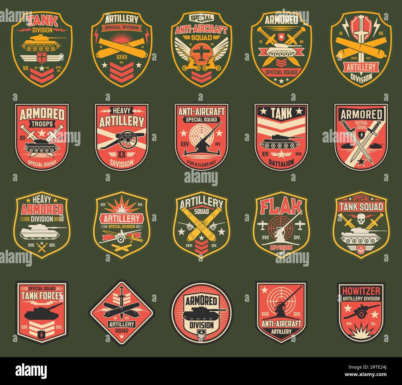 USA military chevrons vector icons, stripes for tank division, artillery and anti-aircraft special squad, armored troops, flak and howitzer. Isolated US army insignia with tanks, cannons or swords set Stock Vector