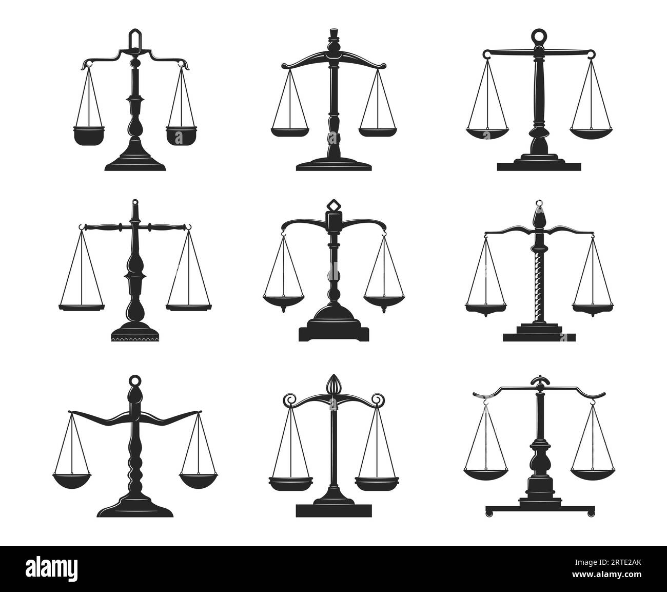 Balance scales of justice and law isolated vector icons. Black symbols