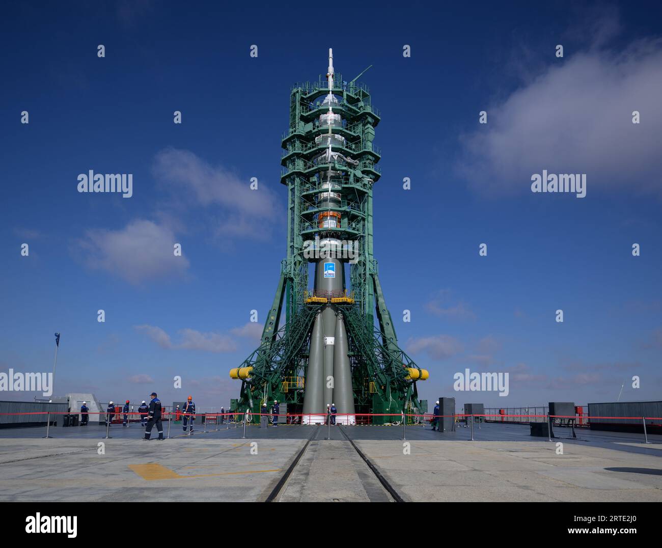Baikonur, Kazakhstan. 12th Sep, 2023. The Russian Soyuz MS-24 spacecraft and booster rocket is positioned upright with the gantry secured following the roll-out to launch pad 31 at the Baikonur Cosmodrome, September 12, 2023 in Baikonur, Kazakhstan. International Space Station Expedition 70 crew members astronaut Loral O'Hara of NASA, and cosmonauts Oleg Kononenko, and Nikolai Chub of Roscosmos are set to launch September 15th to the orbiting laboratory. Credit: Bill Ingalls/NASA/Alamy Live News Stock Photo