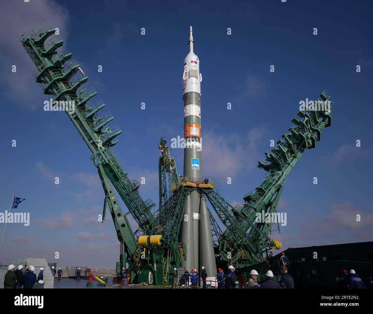 Baikonur, Kazakhstan. 12th Sep, 2023. The Russian Soyuz MS-24 spacecraft and booster rocket is positioned upright as the gantry closes following the roll-out to launch pad 31 at the Baikonur Cosmodrome, September 12, 2023 in Baikonur, Kazakhstan. International Space Station Expedition 70 crew members astronaut Loral O'Hara of NASA, and cosmonauts Oleg Kononenko, and Nikolai Chub of Roscosmos are set to launch September 15th to the orbiting laboratory. Credit: Bill Ingalls/NASA/Alamy Live News Stock Photo