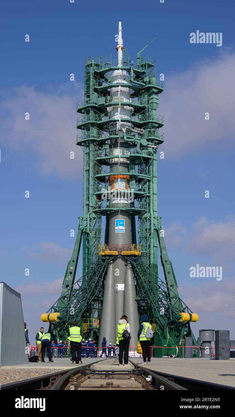Baikonur, Kazakhstan. 12th Sep, 2023. The Russian Soyuz MS-24 spacecraft and booster rocket is positioned upright with the gantry secured following the roll-out to launch pad 31 at the Baikonur Cosmodrome, September 12, 2023 in Baikonur, Kazakhstan. International Space Station Expedition 70 crew members astronaut Loral O'Hara of NASA, and cosmonauts Oleg Kononenko, and Nikolai Chub of Roscosmos are set to launch September 15th to the orbiting laboratory. Credit: Bill Ingalls/NASA/Alamy Live News Stock Photo