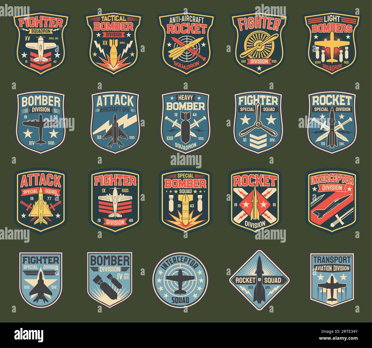 Army chevrons, vector stripes for fighter squadron, tactical, heavy and light bomber division, anti-aircraft rocket. Attack aircraft, special squad, interceptor, aviation transport army insignia icons Stock Vector