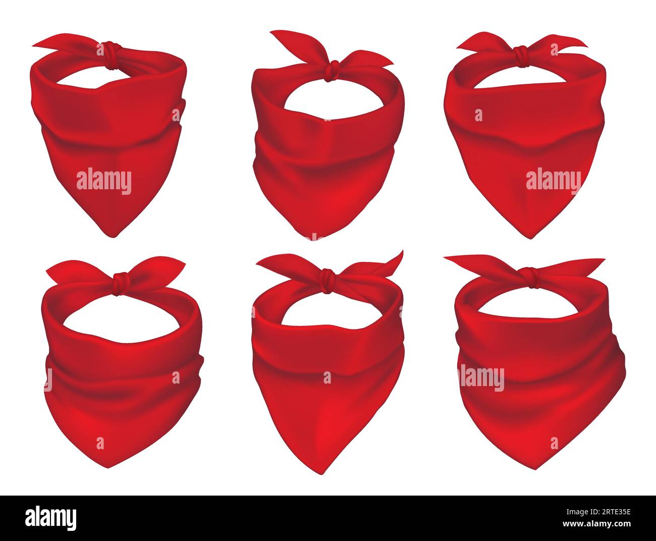 Red bandanas, face mask or neck scarfs mockup. Cowboy, bandit or protester masks, biker clothing element. Silk headband tied with knot, neckerchiefs with creases 3d realistic vector set Stock Vector