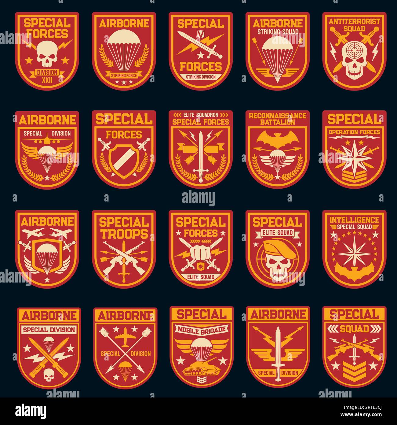Military and army patches of special operation, air and airborne forces. Vector icons of skull, shield, airplane and parachute, rank, star and arrow, sword, wing, weapon and aircraft Stock Vector