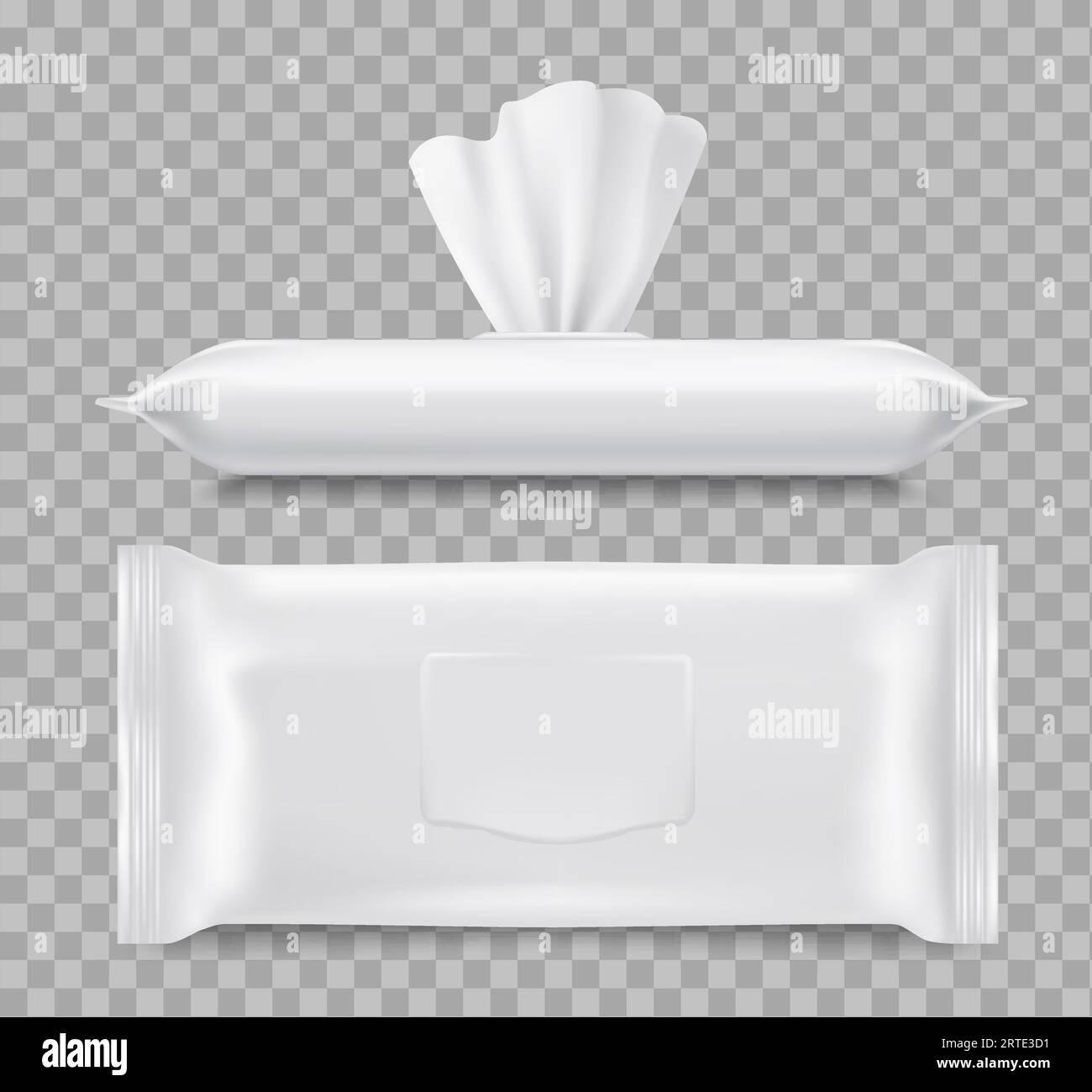 Wet wipes packaging, healthcare 3d vector mockup. Paper or fabric napkins, close and open blank packages with tissue wipes. Hygiene accessories isolated on transparent background, realistic mock up Stock Vector