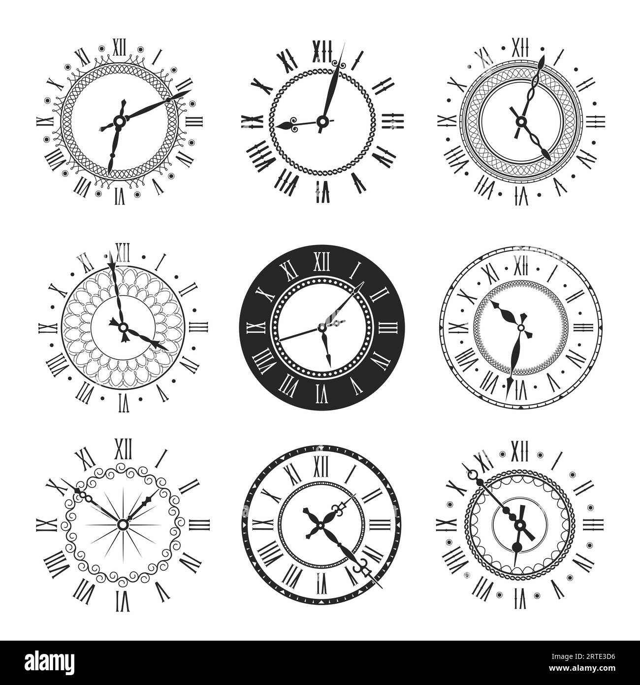 Clock and watch face with vintage round dial vector icons. Isolated