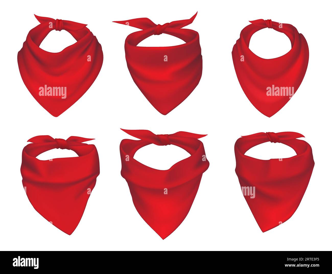 Red neck scarves, bandanas, neckerchiefs and handkerchiefs isolated vector set. 3d realistic silk accessories, kerchieves of cowboy, western bandit, pirate or biker with different knots and drapery Stock Vector