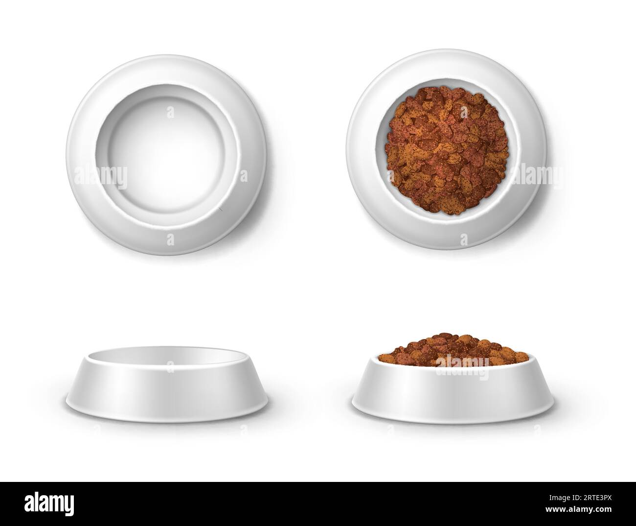 Realistic feed bowl, pet food plates 3d vector mockup front and top