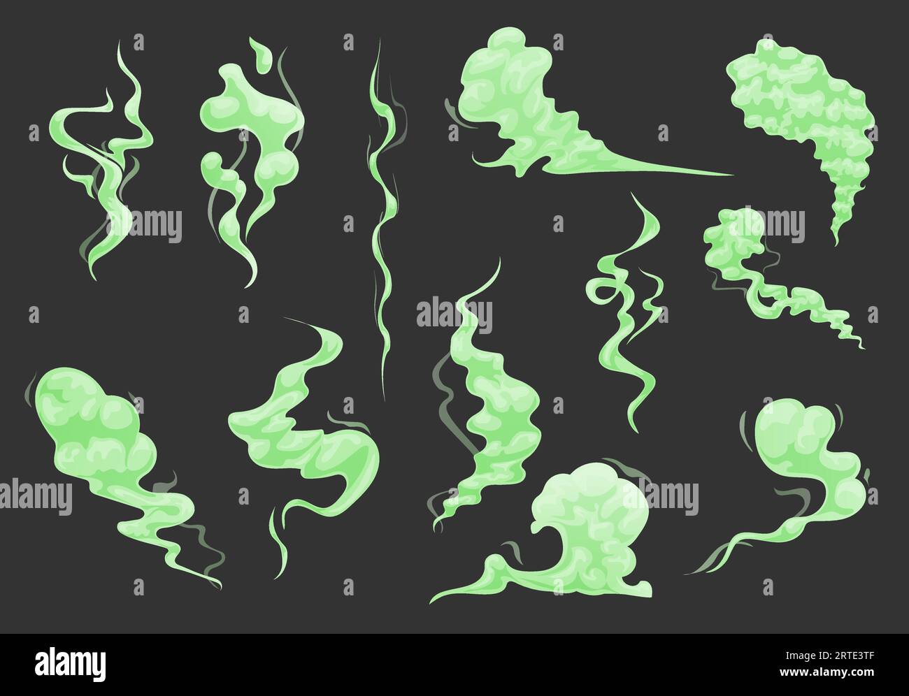 Cartoon bad green smell clouds, smoke and toxic steam set. Vector