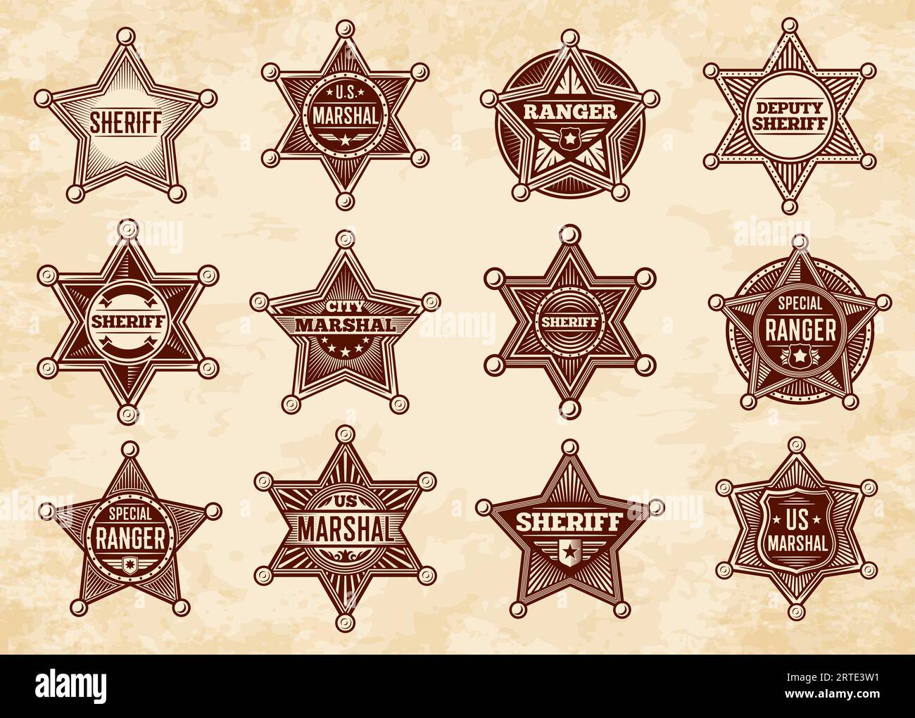 Sheriff, marshal and ranger stars, vector badges. Wild West Us police vintage insignias. Graphic design elements, american lawman signs on paper texture background, five or six pointed stars set Stock Vector