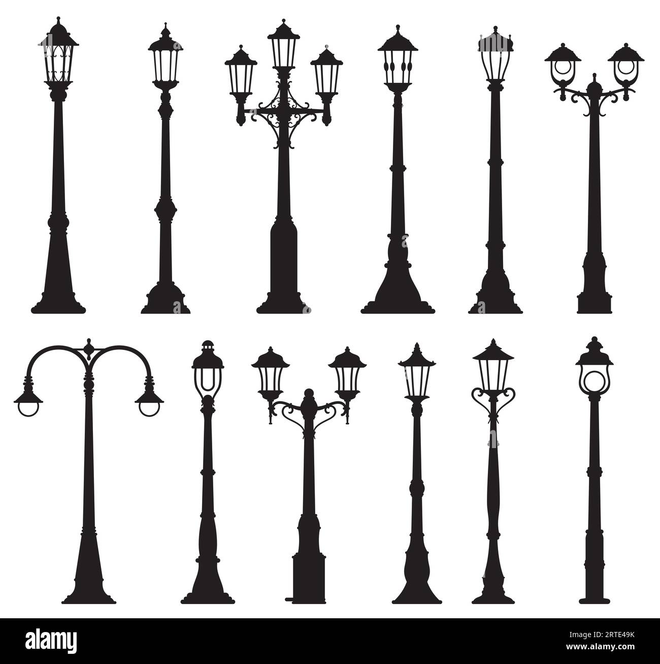 Isolated streetlight lamps, vintage lamppost or streetlamp and lanterns, vector silhouette icons. Old street light pillars, retro lantern poles or city illumination lampposts with gas or light bulbs Stock Vector