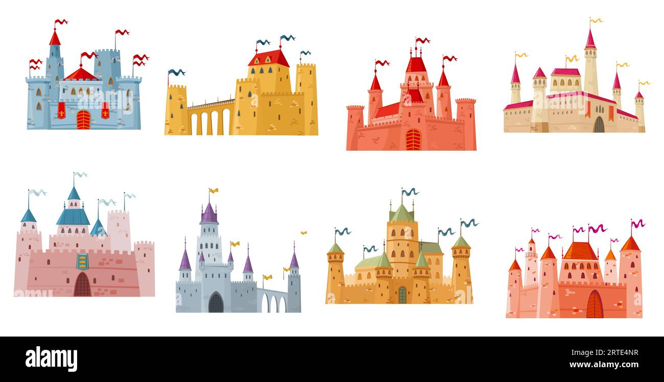 Medieval castle, palace and fortress with towers cartoon buildings. Isolated vector fairytale kingdom castles, palace, mansion, citadel or fort with flags, gates and turrets, bridges, defensive walls Stock Vector