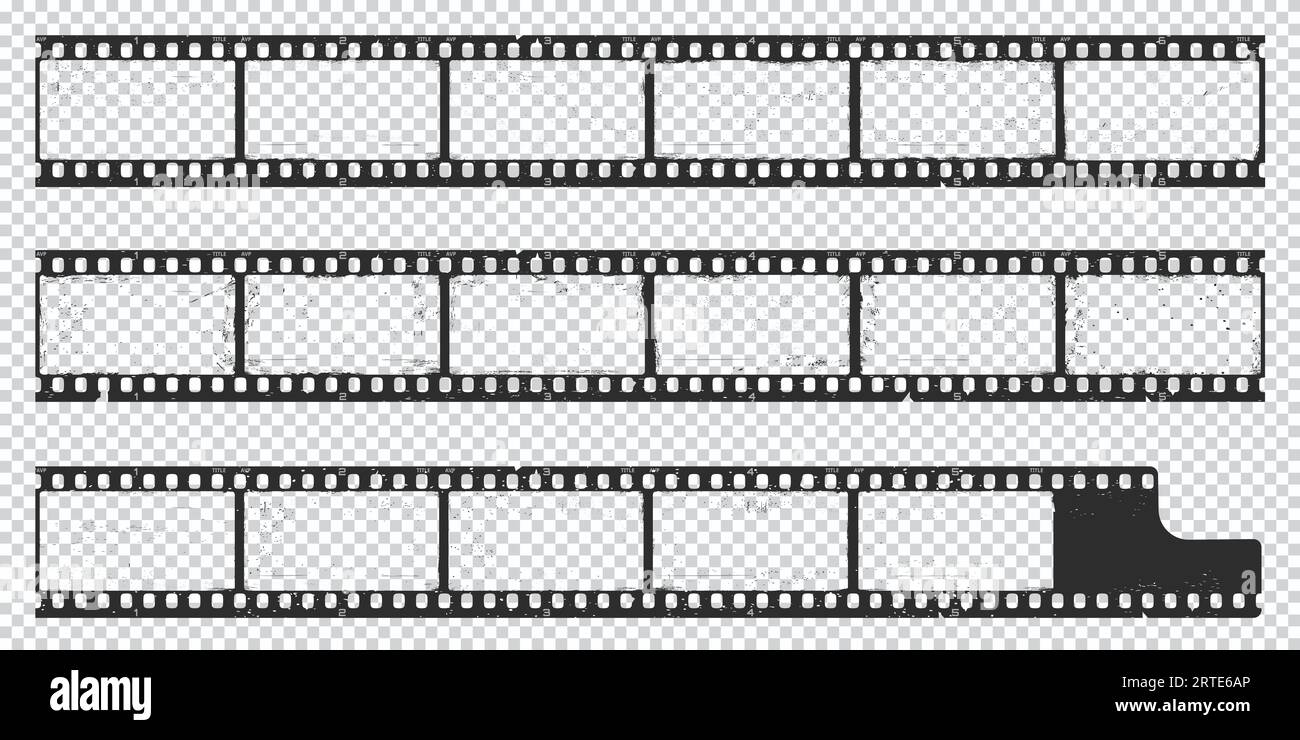 Film strip, long grunge filmstrip, old vintage movie reel frames, vector cinema video or photo