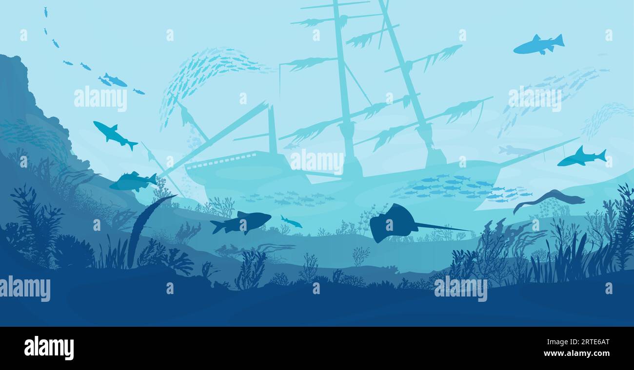 Underwater landscape, sea or ocean undersea with ship wrecks, vector ...