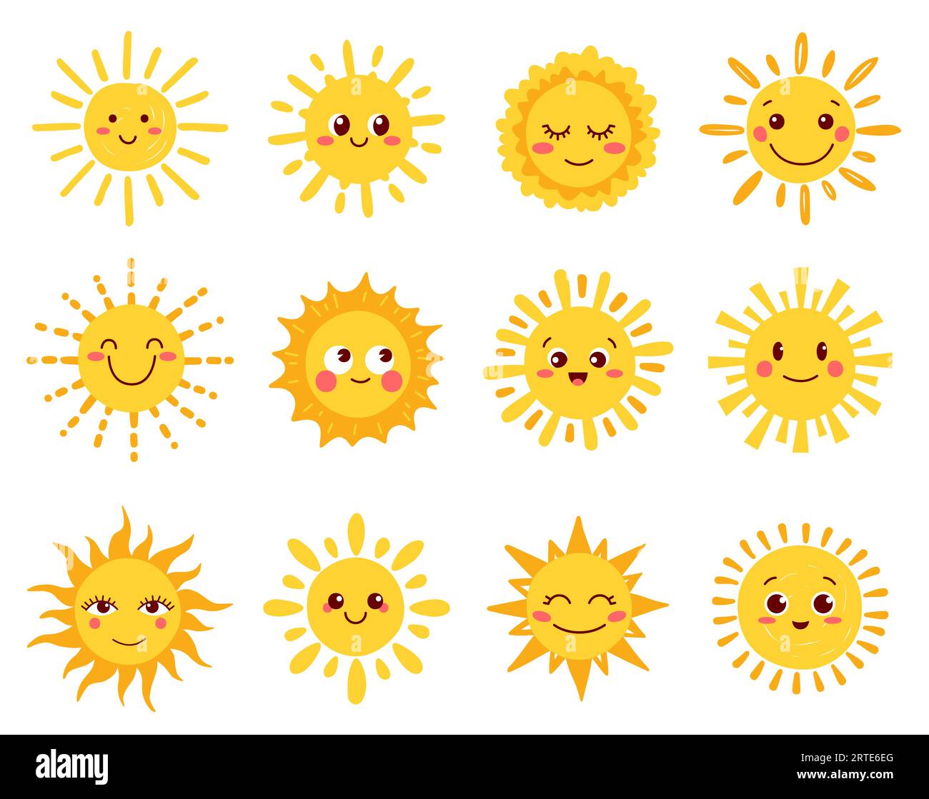 Sun characters, cartoon sunny faces and cute happy summer smiles, vector icon. Sun characters or sunshine, weather, fun emoji of funny hot yellow suns with smile expression and blush shine Stock Vector