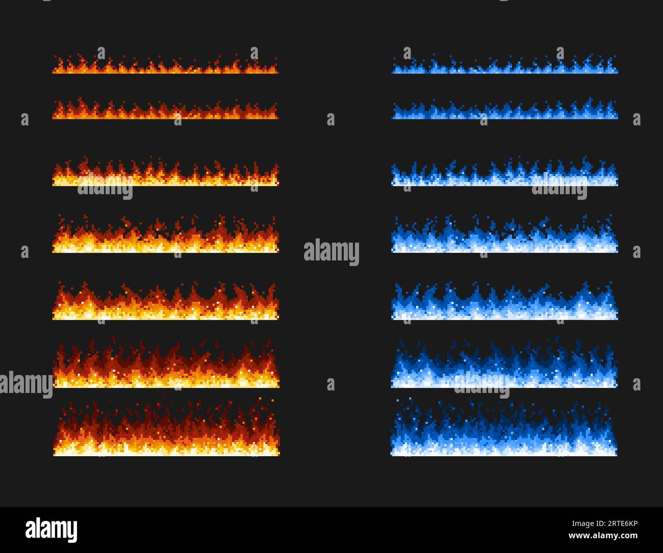 Pixel art fire game animation, blue and red flames effect for vector 8 bit background. Cartoon pixel art firewall or bonfire burn, animated fireball blaze of burning wildfire for 8bit animation Stock Vector