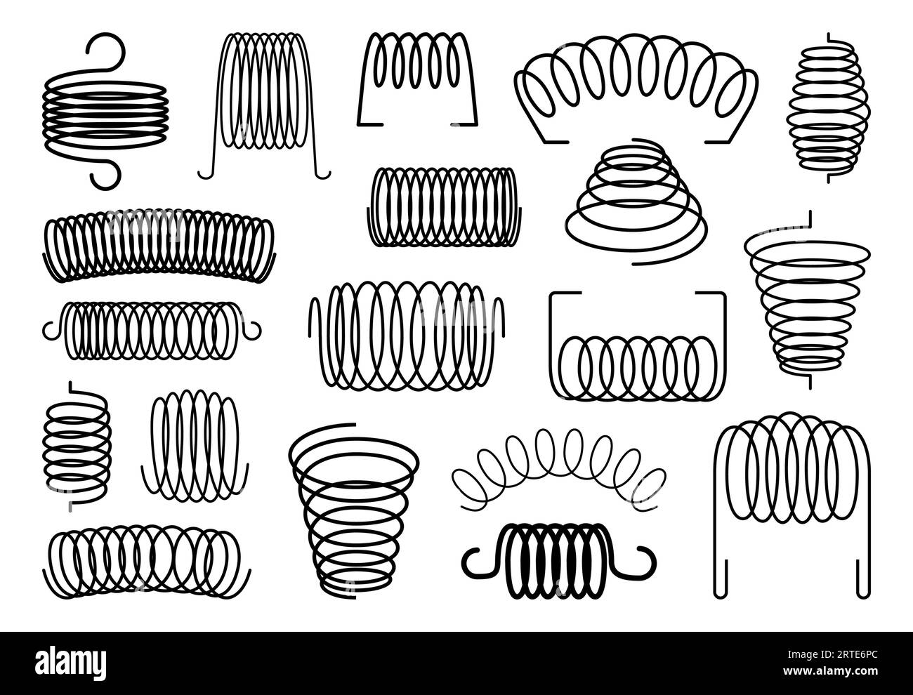 Spiral springs and coils, metal flexible wires and steel elastic bounces, vector icons. Mattress, machine suspension springs and shock absorbers, extended and compressed of different shapes Stock Vector
