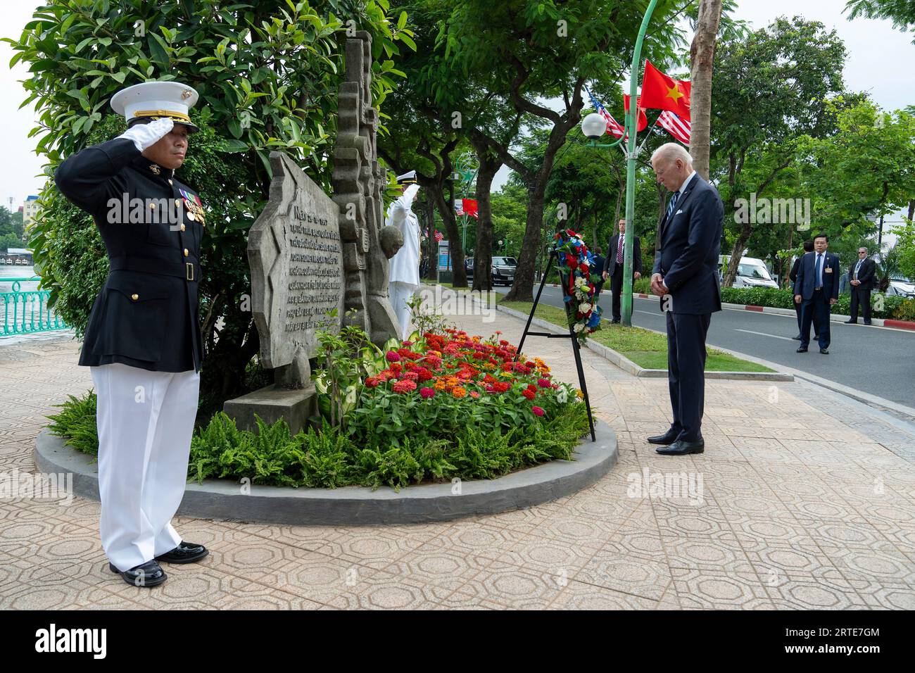 Hanoi, Vietnam. 11th Sep, 2023. U.S. President Joe Biden pays his respects at the Sen. John McCain III Memorial near Truc Bach Lake, September 11, 2023 in Hanoi, Vietnam. McCain's aircraft was shot down during the Vietnam War in 1967 and he held captive for more than five years at the prison known as the “Hanoi Hilton.” Credit: Adam Schultz/White House Photo/Alamy Live News Stock Photo