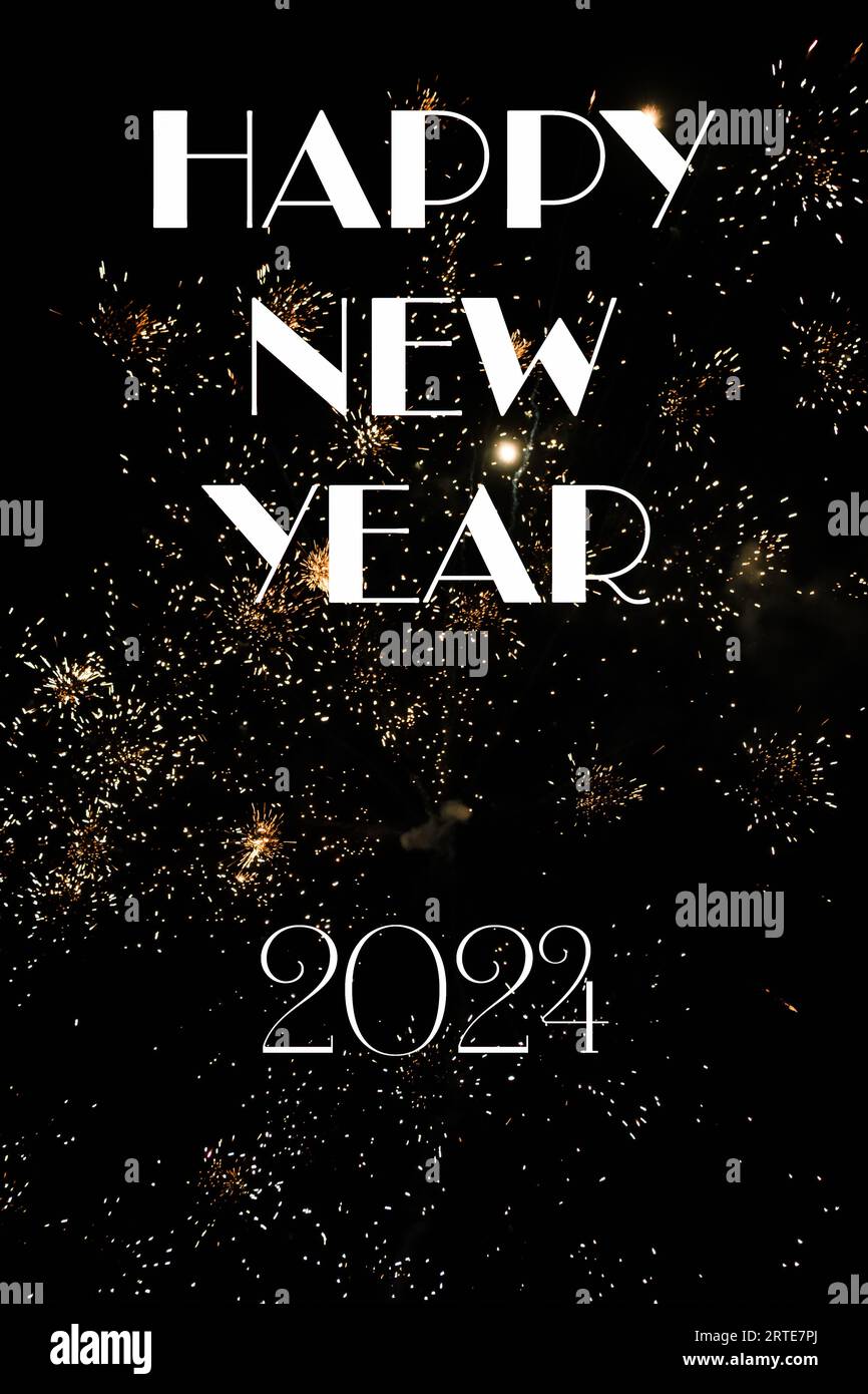 Happy New Year 2024 poster or invitation with black background and fireworks. Stock Photo