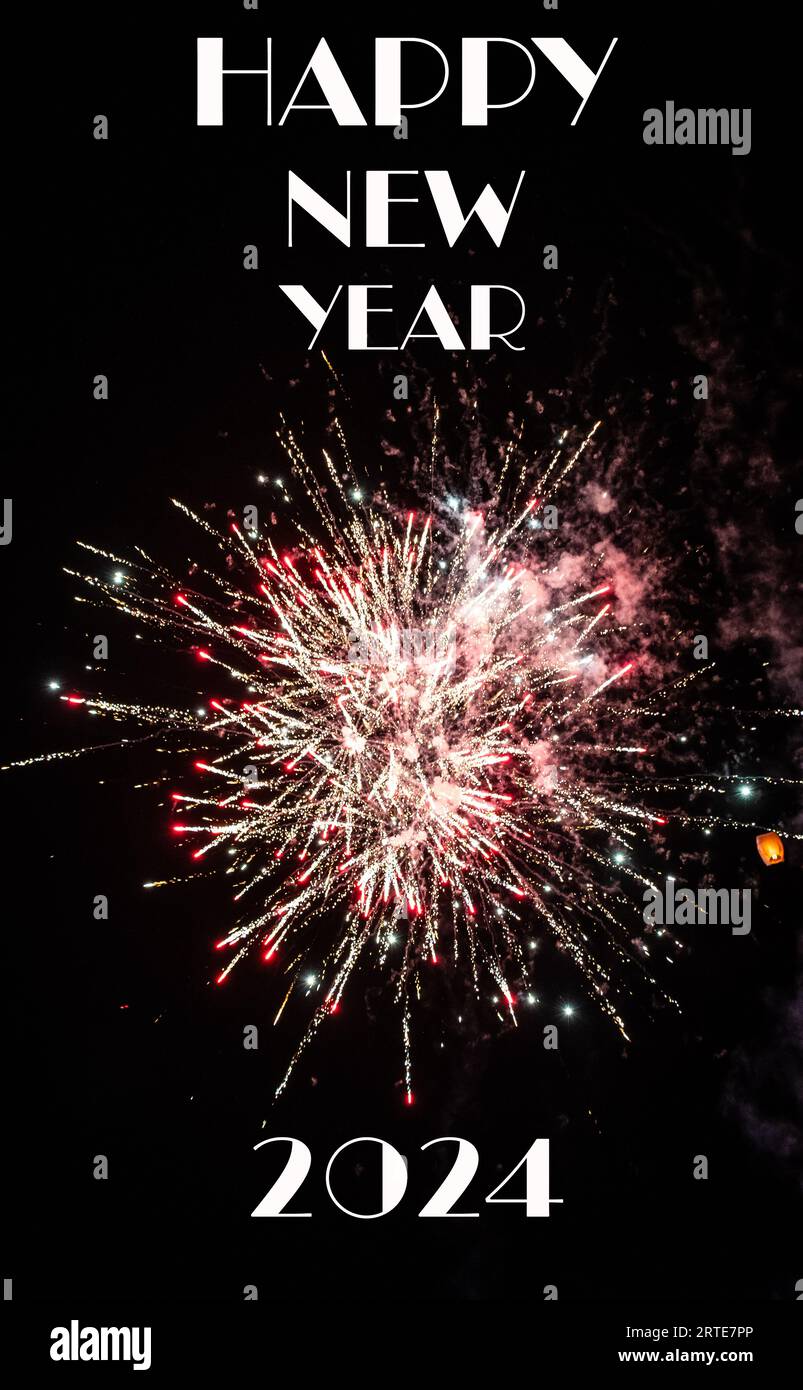 Happy New Year 2024 poster or invitation with black background and fireworks. Stock Photo