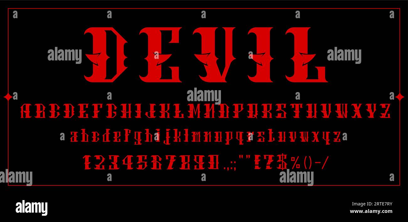 Devil font, demon typeface or bloody red evil letters, vector horror alphabet typography. Gothic text font with Satan devil horns, hell movie thriller typeface or demonic game script type Stock Vector