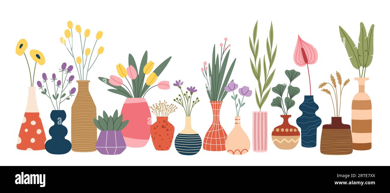 Scandinavian flower vases, pots and bottles with vector spring plant bouquets of wild and garden flowers, blooming herbs, succulent plants and leaves. Pottery of scandinavian hygge interior design Stock Vector