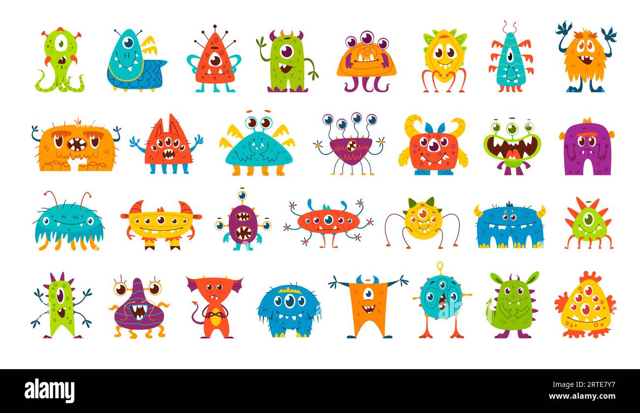Cartoon monster characters, cute funny alien animals, vector set. Kids cartoon monsters, devils and goblins, bizarre creatures of troll, dragon or gremlin and furry lizard with happy cyclops eye Stock Vector