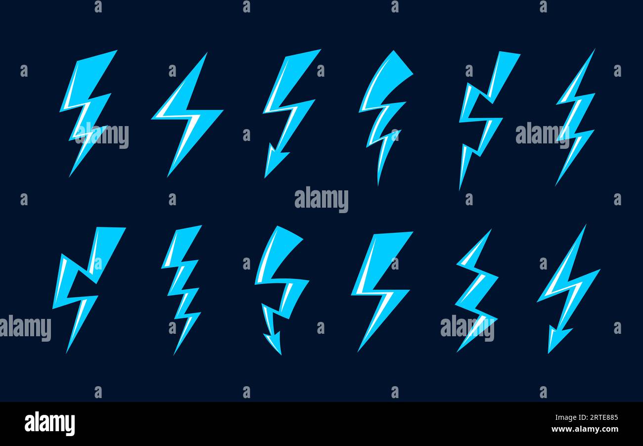 Cartoon blue lightning, flash, thunderbolt. Vector thunder bolts of