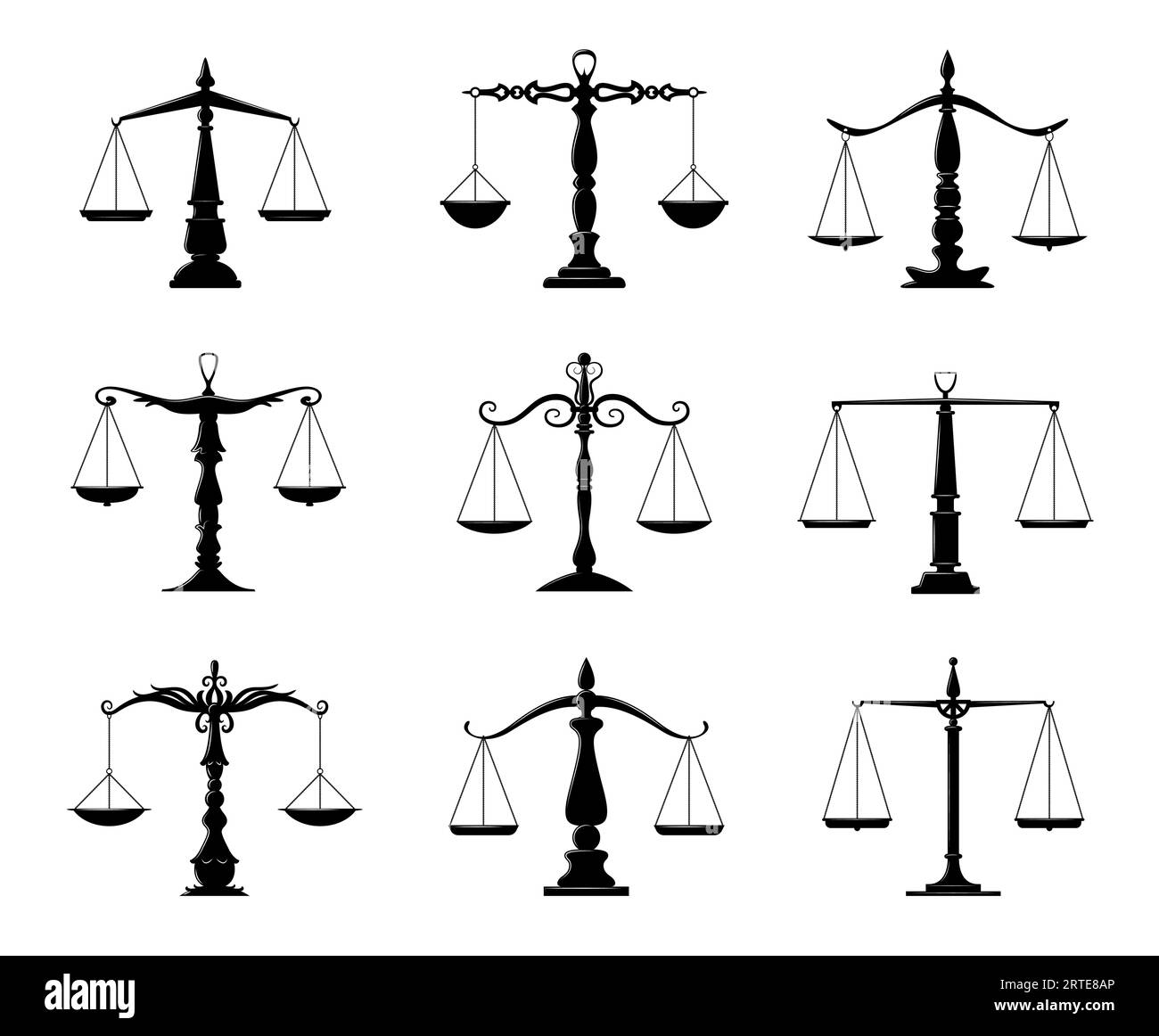 Justice, judicial, law balance scale icons. Vector scale of justice black silhouettes. Isolated symbols of court, judge or lawyer, law, truth, judgement and punishment with old mechanical devices Stock Vector