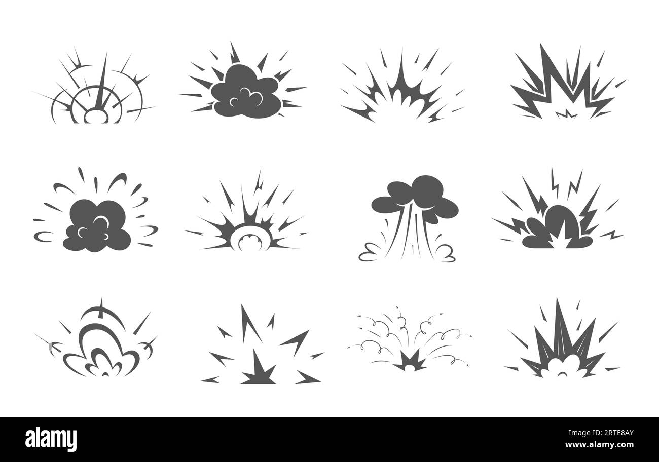Cartoon bomb explosion, comic clouds of blast boom, vector smoke effect icons. Bomb explode or explosive blast clouds of fire or dynamite bang, comic hit flashes and crash burst explosion bubbles Stock Vector