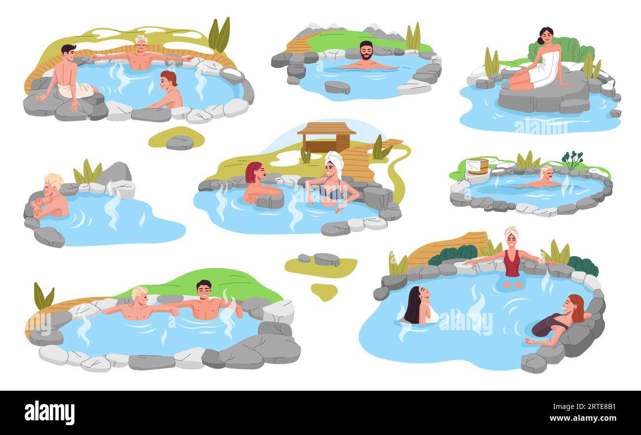 Japan onsen, women and men relaxing in spring thermal pool or bath with rocks, hot water and steam. Vector spa hotel, japanese outdoor bathtub ot tub of asian resort ryokan with young people Stock Vector