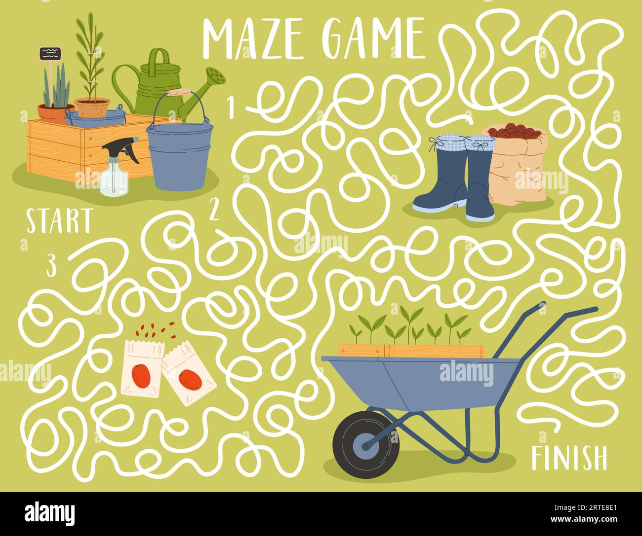 Labyrinth maze game, find the farm and gardening tools vector worksheet