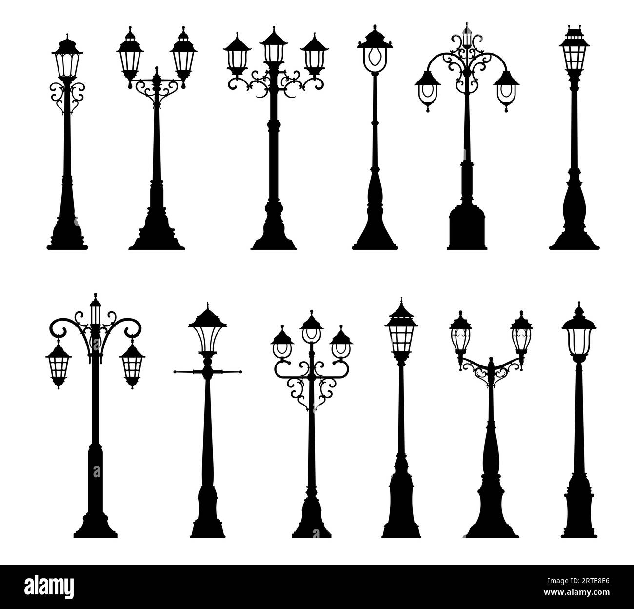 Isolated vintage lamppost, streetlight lamp, streetlamp, street light and lantern vector silhouettes. Old streetlight posts and poles with outdoor electric lamps for city street and road illumination Stock Vector