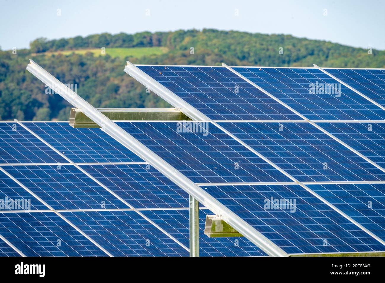 Close-up of solar cells,in rows of panels,at a site in the countryside, during the summertime in rural England,providing clean sustainable energy to l Stock Photo